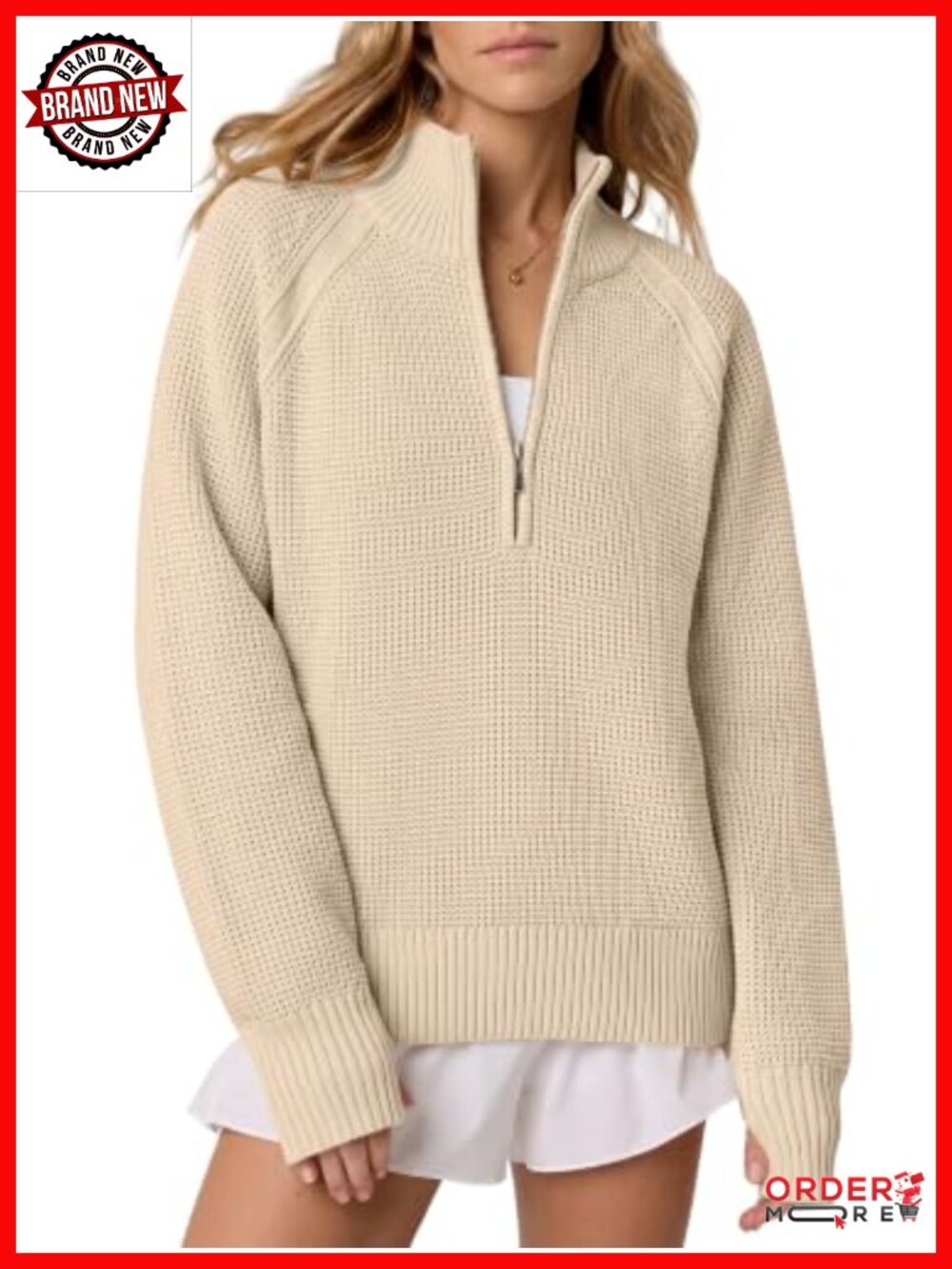 Waffle Knit Quarter Zip Pullover Sweater with Thumb Holes Relaxed Fit